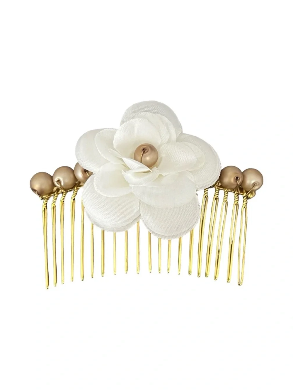 Gold Hair Comb with White Fabric Flower - Women Accessories FINAL PRICE DROP